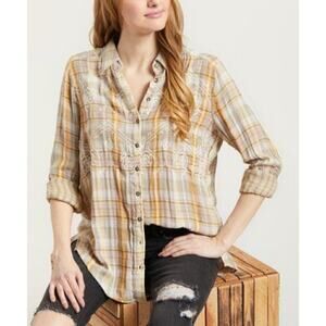 Free People Magic Plaid Button Down Long Sleeve Embroidered Shirt Top Size XS